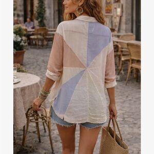 Free People Rainbow Rays Pastel Pinwheel Oversize Boho Hippie Blouse Women Sz L